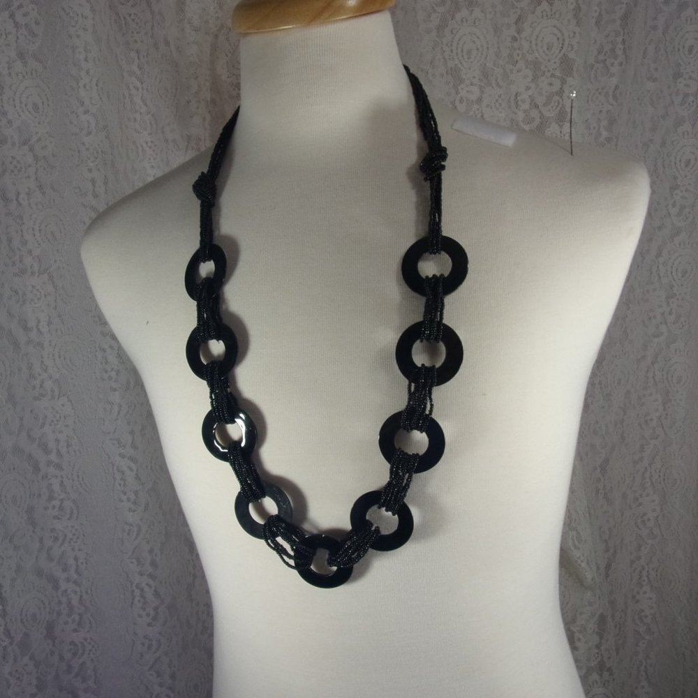 Long Necklace Black Shells Seed Beads NWOT